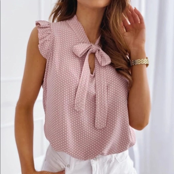 Elegant Ruffles Sleeveless Polka Pot Tie Bow Casual Oversize Pullover Tunic Tops - Picture 2 of 7